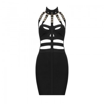 Women Luxury Sexy Eyelet Cut Out Black Bandage Dress 2018 Knitted Elastic Party Dress
